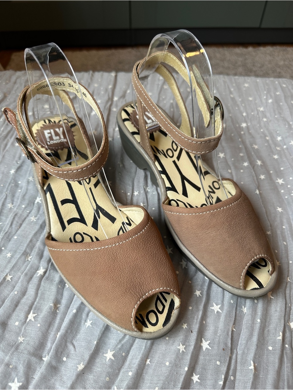 Fly London Yaxi Tan Suede Peep-Toe Wedge Sandals with Ankle Strap